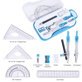 Math Geometry Kit Set 10 Pieces with Shatterproof Storage Box, Student Supplies Drawing Compass Includes Protractor, Rulers, Compass, Pencil Sharpener, Lead Refills, Pencil, Eraser(Blue)