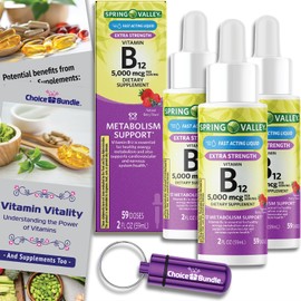 Spring Valley Liquid Vitamin B12 5000 mcg Metabolism Dietary Supplement Berry 2 fl oz 3 pk Choice Bundle (6 oz Total) + Vitamin Guide and Pill Container (5 Items)!