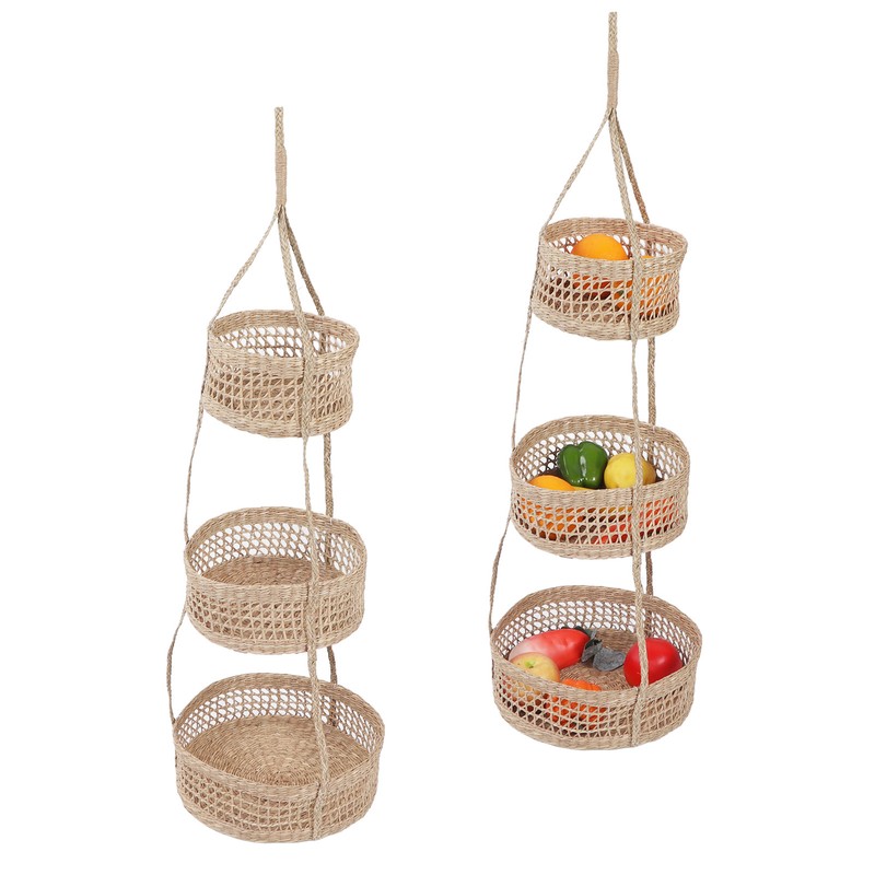 Hanging Fruit Basket Rattan 3 Tiers Multifunctional Foldable Elegant Style