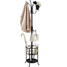 Anlanbor Freestanding Coat Rack with Umbrella Holder,Metal Coat Tree with 12 Hooks for Coat,Hats,Purse, Black Modern Coat Rack Stand Umbrella Stand for Entryway, Living Room, Bedroom, Office, Hallway