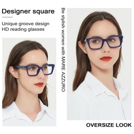 MARE AZZURO Square Reading Glasses Women Trendy Large Readers 1.00 1.25 1.50 1.75 2.00 2.25 2.50 2.75 3.00 3.50 4.00 5.00 6.00 (Blue, 275)