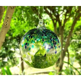 5.5-Inch Solar Powered Hanging Threaded Glass Gazing Ball Outdoor Garden Decoration (Green, Aqua & Blue)