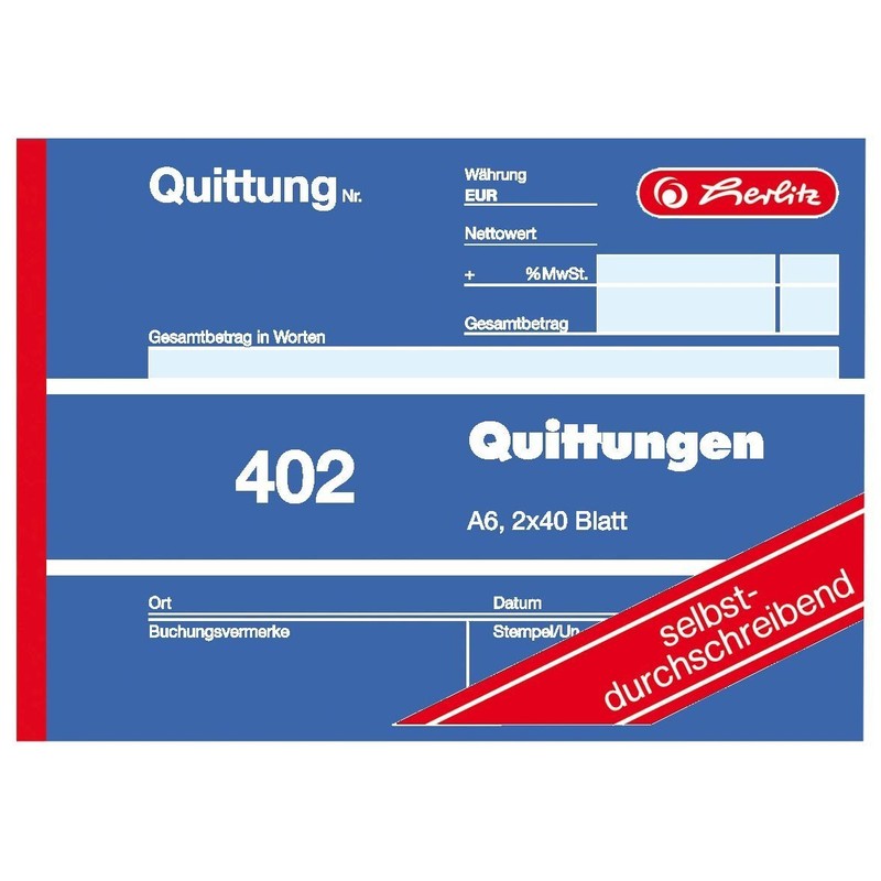 Herlitz 7876147 Receipt Pad 402, A6, 2x40 Pages, Carbonless Copying