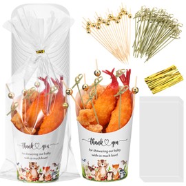 MotiMind 50 Set Baby Shower Woodland Charcuterie Cups with Sticks and Bags 20 oz French Fry Cups Disposable French Fries Holder 200 Cocktail Picks 100 Ties 100 Bags for Baby Shower Favors Decoration