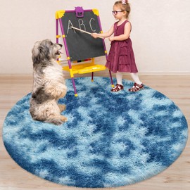 ATRUG Tie-Dyed Blue Round Rug Circular Bedside Carpet Soft Circle Rug Fuzzy Plush Circle Throw Rug Fluffy Round Rug for Home Decor Shaggy Circle Kids Play Rug for Girls Boys Baby Bedroom 5x5ft
