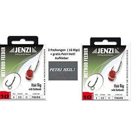 Set: 2 Pack (16 Rigs) Method Feeder Hair Rig by Jenzi with Rubber Band/Quick Stop, Hook Size 8, 10, 12 - Length 12 cm + Free Petri Heil! Sticker (Elastic Band Hook Size 10)