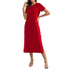 Naggoo Ladies Dresses Summer Short Sleeve Split Casual Midi Tshirt Dress with Pockets Red