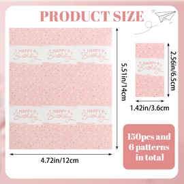 URROMA 150 Happy Birthday Pink Rose Gold Candy Stickers for Celebrations, Gift Cards, Envelopes, Craft Decoration