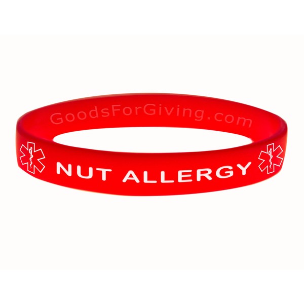 Nut Allergy ID Bracelet Wristband - Red - 8-1/4 Inches - Large