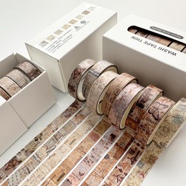 YUBX Vintage Washi Tape Set 8 Rolls Thin Retro Decorative Antique Patterns Masking Tapes for Arts, DIY Crafts, Journals, Planners, Scrapbook, Wrapping (Junk Books)