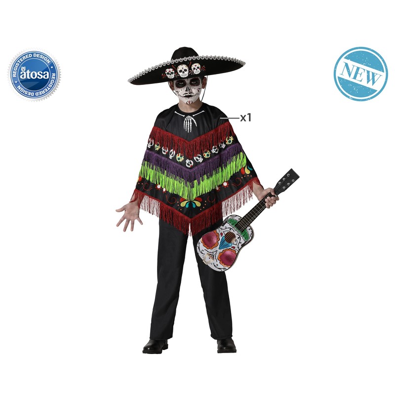 Atosa Skeleton Costume Musical Poncho Funny Black Child 3 to