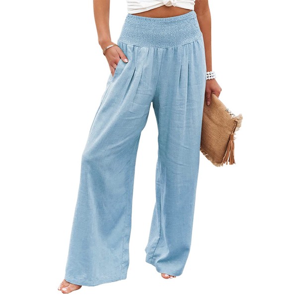 chouyatou Women's Smocked High Waisted Cotton Linen Wide Leg Pants