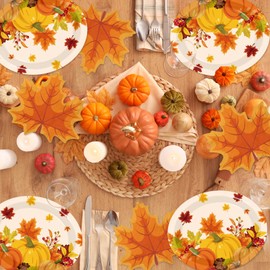 OGMOGKW Fall Party Decorations Plates and Napkins, 100 Pcs Autumn Plate and Napkins include Oval Pumpkin Paper Plates,Maple Leaf Napkins for Fall Theme Party Thanksgiving Supplies