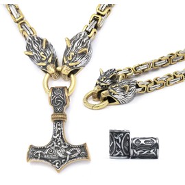 Gungneer 18k Gold Plated Stainless Steel Viking Thor Hammer Necklace Wolf Head Byzantine King Chain Asatru Norse Pagan Jewelry Men Women