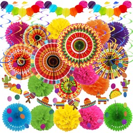 ZERODECO Holiday Party Decorations Mexican Party Five Coloured Paper Fans Pom Poms Garland for Holiday Mexican Cinco De Mayo Taco Theme Party Decorations Birthday Party Accessories