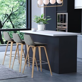 SIMPLIHOME Randolph Counter Stools (Set of 2) - 28 Inch Seat Height Upholstered Bentwood Kitchen Seats in Stone Grey PU Faux Leather, Mid Century Modern Seating with Curved Backrest and Footrest