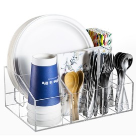 Utensil Silverware Caddy Acrylic Paper Plate Organizer for Countertop Buffet Caddy for Paper Plates Utensils Napkins Flatware Cutlery, Hosting Entertaining Essentials for Party Outdoor Picnic Camping