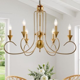 Ahaloye Gold Candle Chandelier 6-Light Modern Farmhouse Industrial Hanging Light Rustic Pedant Lighting Fixture for Dining Room, Kitchen, Foyer, Entryway, Living Room