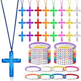 Equsion 48 Pcs Cross Necklaces Christian Religious Party Favors Include 24 Plastic Crystal Cross Necklace DIY Craft Gifts with 24 Bracelet for Vacation Bible Prize Favor (Jesus Loves You)