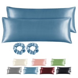 BEDELITE Pack of 2 satin cushion covers, 40 x 145 cm, haze blue, 2 satin pillowcases with 2 hair ties, soft as silk pillowcase, better care than silk pillose case