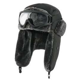 Peicees Waterproof Trapper Hat With Ear Flaps, Aviator and Pilot Costume for Adult, Ski Goggles, Winter Fur Black