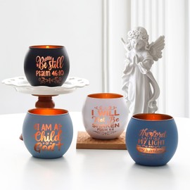 Christian Gifts for Men, Glass Candle Holders Set, Blue Tealight Votive Holders with Bible Verses, Religious Birthday Gifts for Dad, Brother, Son, Him, Coworker, Unique Spiritual Gifts for Men
