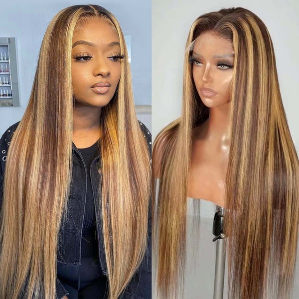 SUPER STYLE 4/27 Straight Lace Front Wig 30 Inch 13x4 Highlight Wig 150% Density Pre Plucked with Baby Hair for Black Women