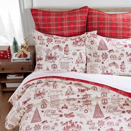 Levtex Home - Yuletide Comforter Set - Twin Comforter 68x88 + One Standard Pillow Case 20x26 - Christmas Holiday Script - Red and Cream - Cotton
