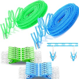 Laundry Rope, Travel, Laundry Drying Rope, Blue, 2 Pieces, Approx. 16.4 ft (5 m), Includes 24 Clips, Windproof, Hanger, Stop, Portable, Convenient for Traveling, Camping, Rainy Season, Room Drying,