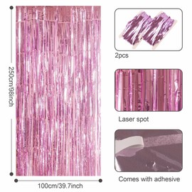 2pcs 3.2 x 8.3ft Glitter Pink Foil Fringe Curtain Backdrop Tinsel Curtain Party Streamers Curtain Backdrop Decorations for Birthday School Graduation Hen Girls Party Decorations Pink
