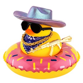 wonuu Car Rubber Duck Party Decoration, Sparkly Glitter Space Cowboy hat Duck Car Dashboard Accessories with Mini Swim Ring Scarf and Sunglasses, E_Purple Holographic hat
