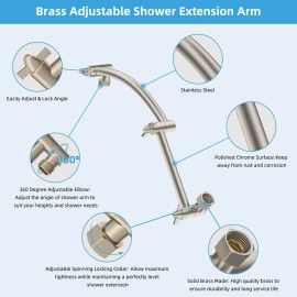 Hibbent 16" Solid Brass Shower Head Extension Arm with 2 Lock Joints Adjustable Height - Brushed Nickel