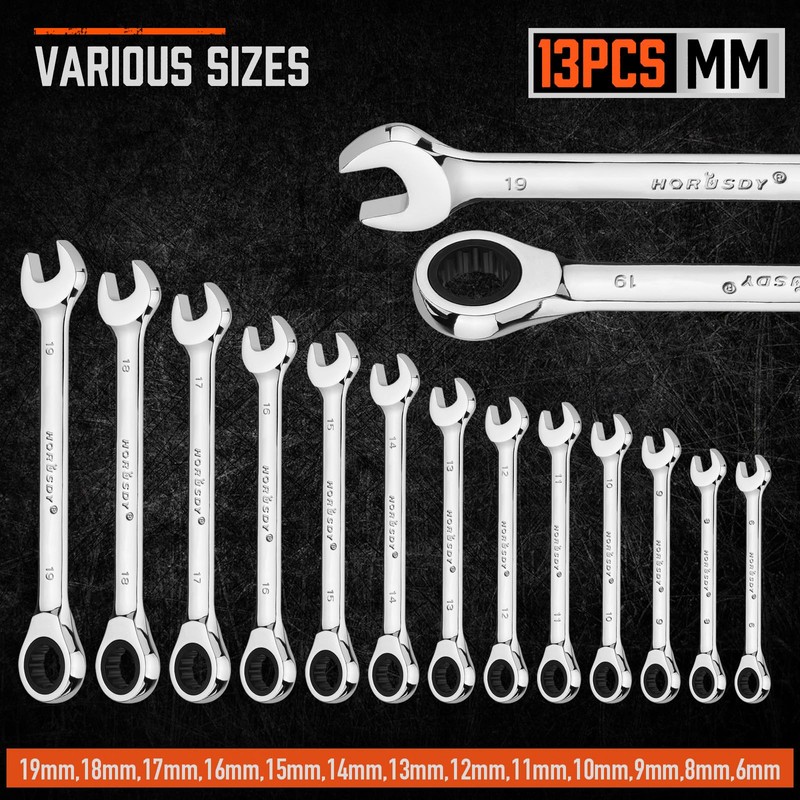 HORUSDY 13-Piece Sturdy Ratcheting Wrench Set | Metric Sizes 6–19mm