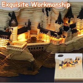 Starnearby 3D Notepad, 3D Calendar Tear Off 2025, 2025 Desk Calendar Notepad with Light, Creative Magic Castle Sticky Notes, Paper Sculpture Desktop Ornament (Lock with Light)