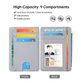 Teskyer Mini Wallet Men's Small Card Case, PU Leather Slim Card Case, RFID Protection, Minimalist, with ID Window and Quick Access Compartment, Lichee Light Grey, Minimalist