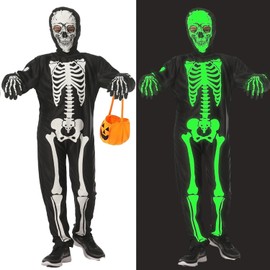 Disfraz de Esqueleto de Halloween para Niños,Disfraces de Halloween de esqueleto que brillan en la oscuridad, Disfraz de Halloween Aterrador para niños, luminoso overol de esqueleto,cosplay (M)