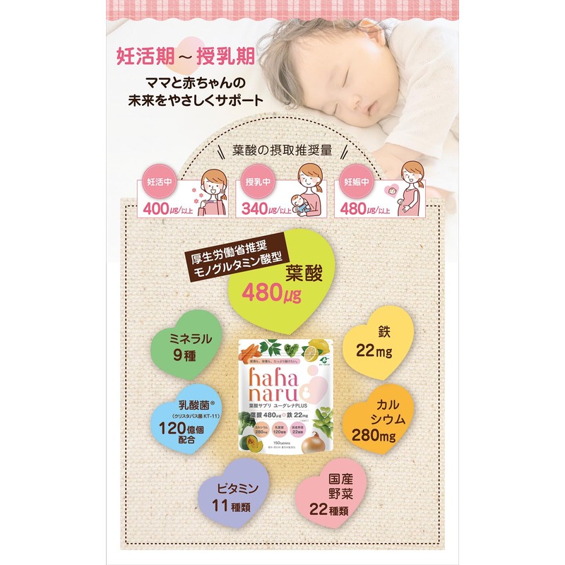 【医師監修】厚生労働省推奨 葉酸 480μg 妊婦 妊娠 妊活 サプリメント 鉄 カルシウム 国産野菜22種