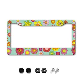 Hanazaoa Colorful Flowers License Plate Frames,2 Hole Aluminum Car Tags Holder License Plate Frame with Screws and Rattle Proof Pads for Girl Women Men Vehicles