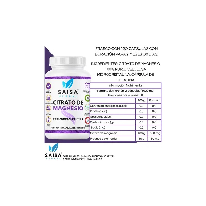 Citrato Magnesio Potasio 240 Cápsulas Saisa Herbal Suplemento Alimenticio Energía
