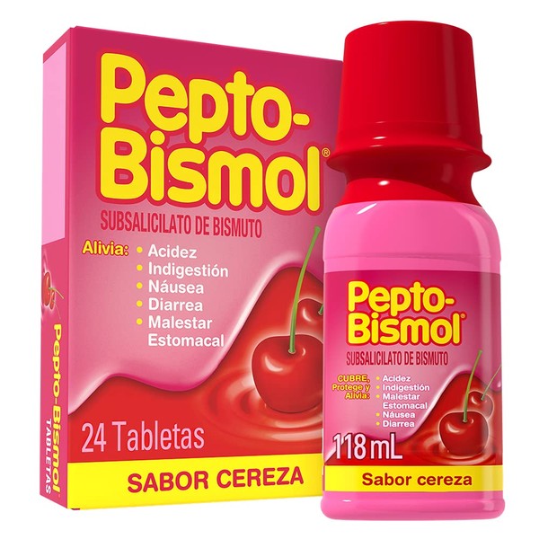 Pepto-Bismol Suspensión Sabor Cereza de 118 ml + Vick Tabletas Masticables Sabor Cereza con 24 Unidades