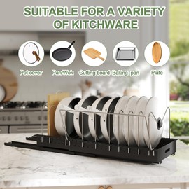 Expandable Pots and Pans Organizer Under Cabinet, Sliding Pot Lid Holder and Pan Rack in Kitchen,Pull Out Pan Organizers with 10 Adjustable Dividers, Slide Out Cookware Organizer for Kitchen Storage