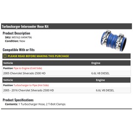 Marketplace Auto Parts Turbocharger Intercooler Hose Kit - Compatible with 2005-2016 Chevy Silverado 2500 HD 6.6L V8 Diesel