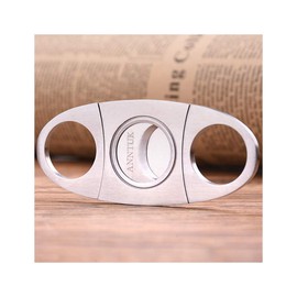Cigar Cutter Stainless Steel Guillotine Double Cut Blade in Leather Pouch, Silver