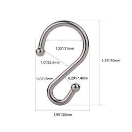 Metal Shower Curtain Hooks Rings Stainless Steel Rust Proof S Hooks Hangers for Kitchen Utensils, Clothing, Towels, etc. Set of 12 (Nickle)