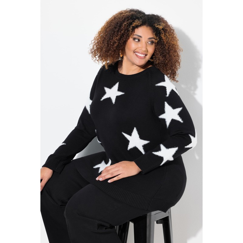 Ulla Popken Women's Glitter Stars Round Neck Raglan Long Sleeve