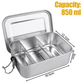 ASelected Stainless Steel Lunch Box, 850ml Metal Lunch Box for Adults with 2pcs Removable Divider, 16.5x12.1x6cm Leakproof Metal Bento Box with Snap-on Buckles for Salad Sandwich