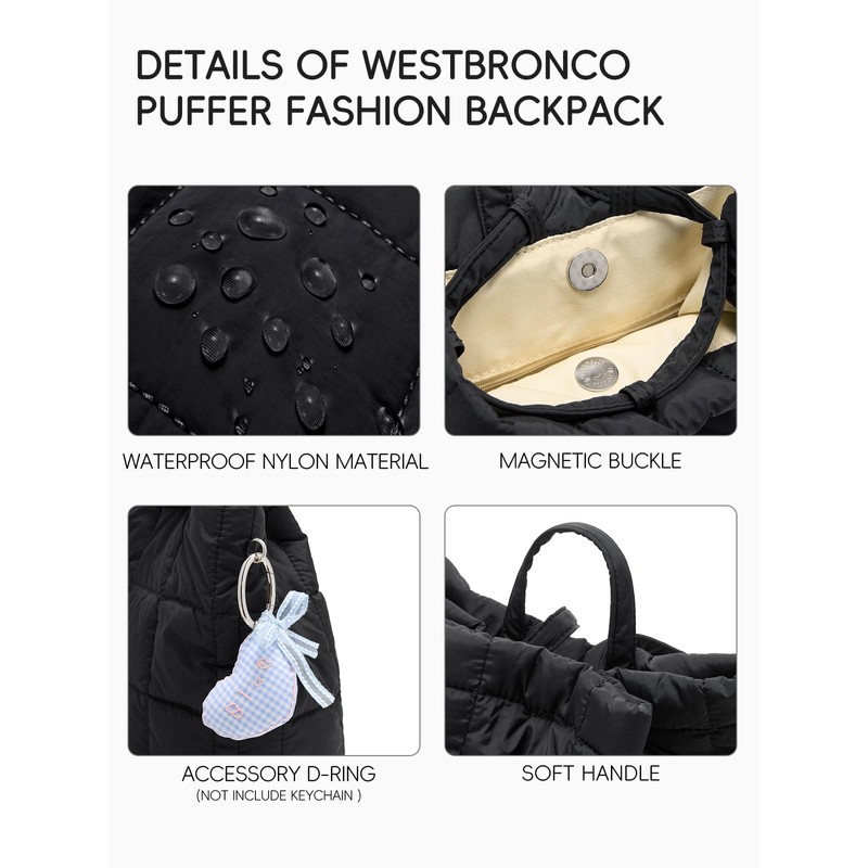 WESTBRONCO Small Backpack for Women Puffer Quilted Casual Daypack Backpacks,