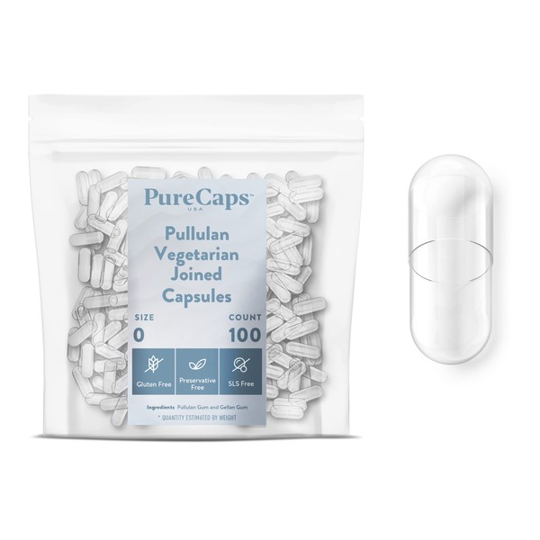 Purecaps USA - Size 0 Empty Clear Vegetarian and Vegan Pullulan Pill Capsules - Fast Dissolving and Easily Digestible - Preservative Free with Natural Ingredients - (100 Joined Capsules)