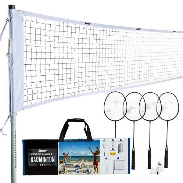 Franklin Sports Badminton Net Set - 4 Aluminum Rackets, 2 Birdies, Adjustable Net and Stakes - Backyard or Beach Badminton Set - Easy Setup - Professional