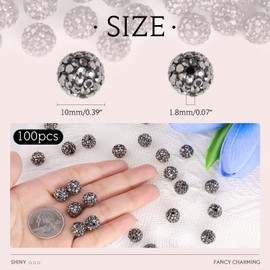 100 pcs 10mm Rhinestone Beads for Jewelry Making, Hematite Shiny Round Shamballa Disco Beads Bulk, Sparkle Crystal Clay Christmas for Bracelet Baseball Necklace Earring Crafting and DIY
